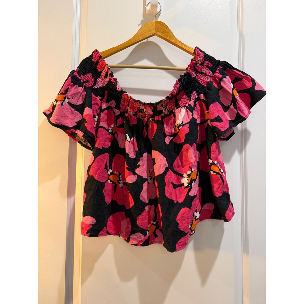 Who What Wear Pink Black Floral Smocked Off Shoulder Linen Blend Blouse XL